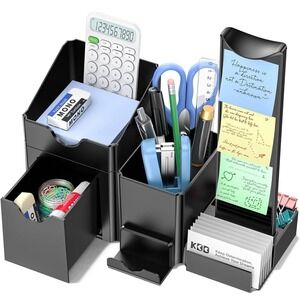 KDD 5-in-1 Desktop Organizer Set Headphone Phone Card Pen Holder Black Plastic